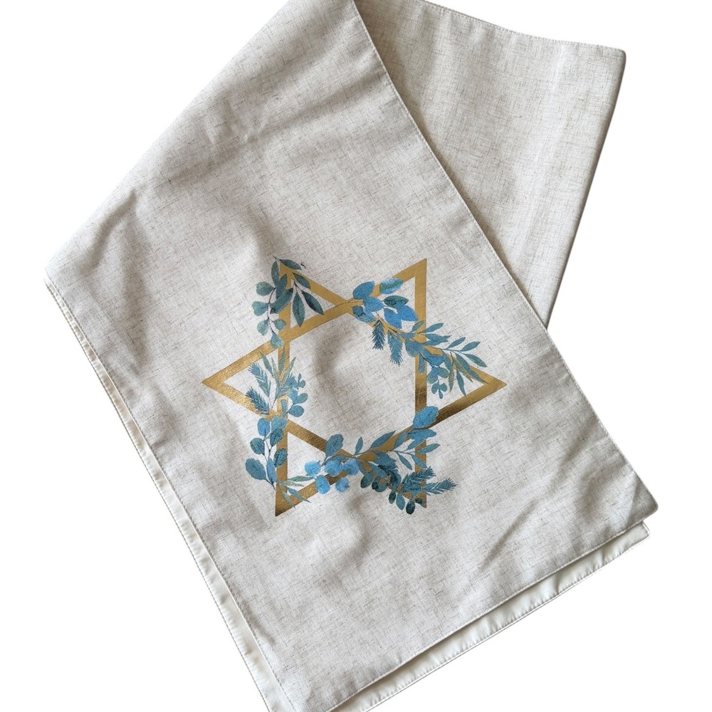 Hanukkah Star of David Table Runner Blue Floral Gold Holiday Decor 70x13